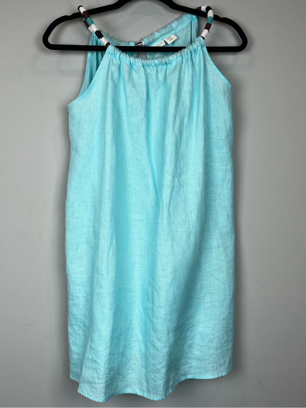 St. Tropez Turquoise Blue 100% Linen Beaded Tank Sleeveless Shift Dress Size XS